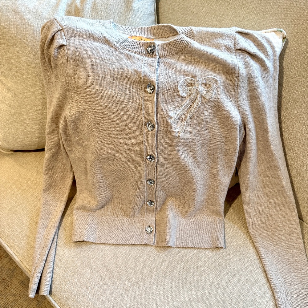 NEW Love Shack Fancy x Le Lion Puff Sleeve Embellished Bow Cardigan, Size M